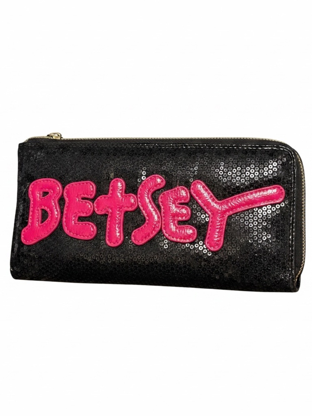 Betsey Johnson Black Sequin Wallet with Pink Logo Patch